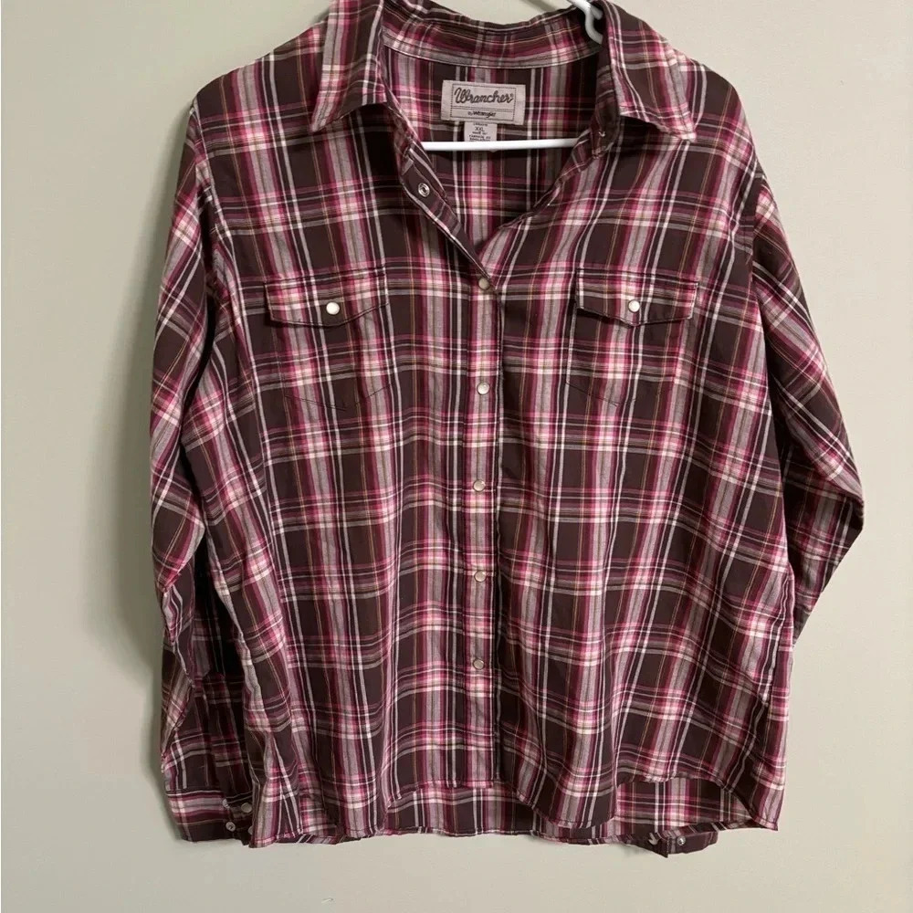 Wrangler Western Fashion Pearl Snap Shirt Brown Plaid Long Sleeve Men's Size XXL
